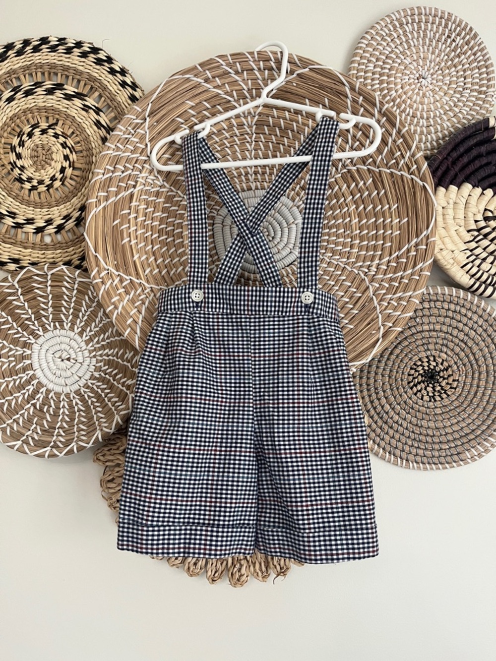 VINTAGE - Plaid Suspender Shorts for Kids - Navy and White Gingham
